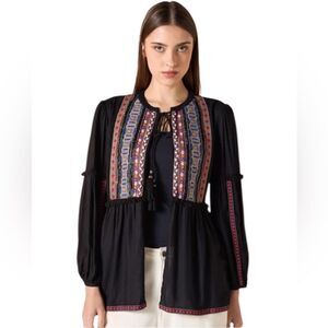 Zara Tassel Tie Open Front Beaded Top Fringe Boho Tribal Balloon Sleeve Size Med